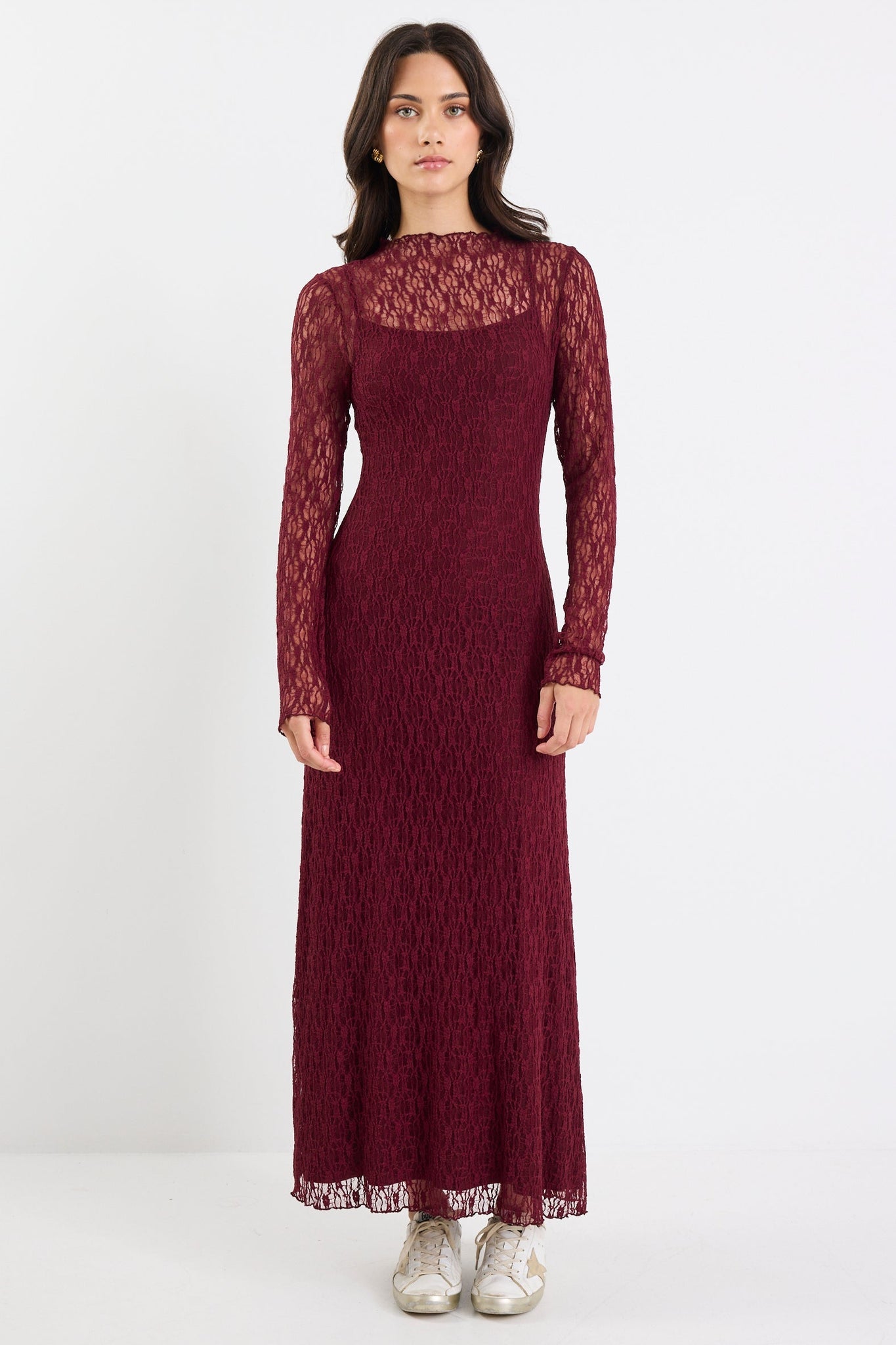 Keepsake Burgundy Lace Long Sleeve Maxi Dress