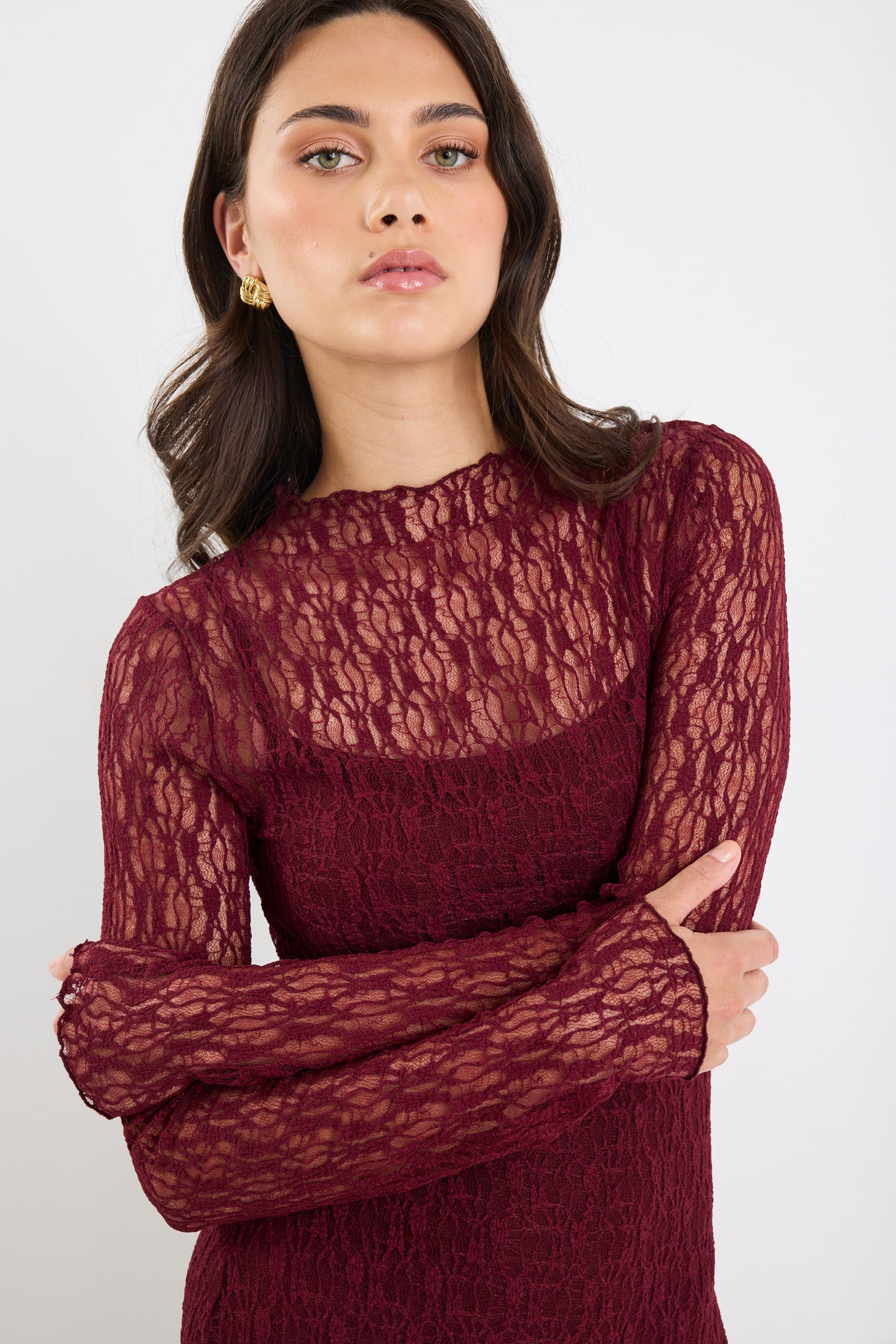 Keepsake Burgundy Lace Long Sleeve Maxi Dress