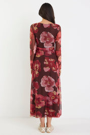 Location Chocolate Red Floral Mesh Boatneck Maxi Dress