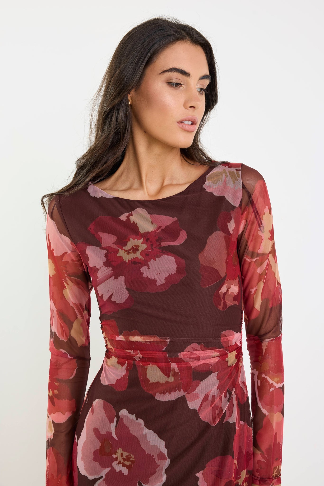 Location Chocolate Red Floral Mesh Boatneck Maxi Dress