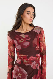 Location Chocolate Red Floral Mesh Boatneck Maxi Dress