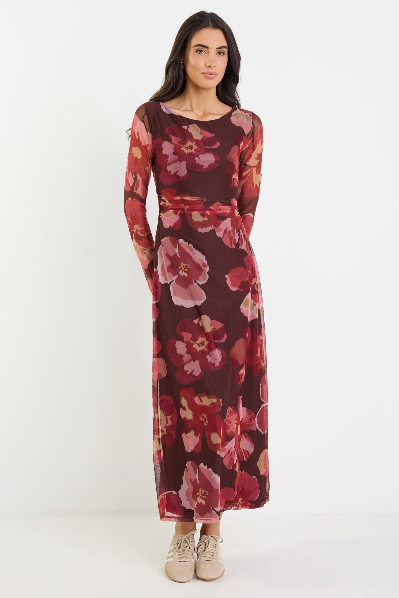 Location Chocolate Red Floral Mesh Boatneck Maxi Dress