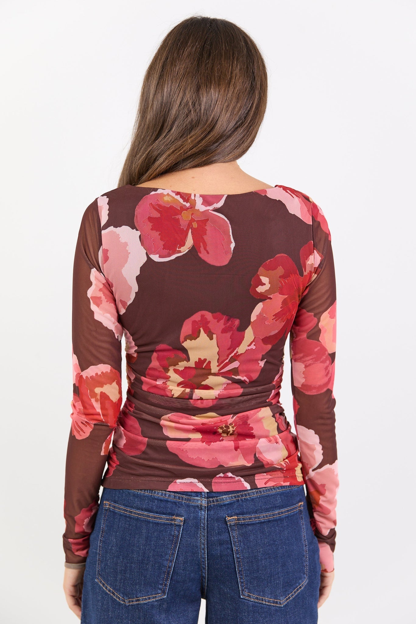 Magnitude Chocolate Red Floral Mesh Long Sleeve Top