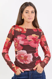 Magnitude Chocolate Red Floral Mesh Long Sleeve Top