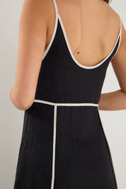 Marine Black Contrast Piped Linen Strappy Maxi Dress