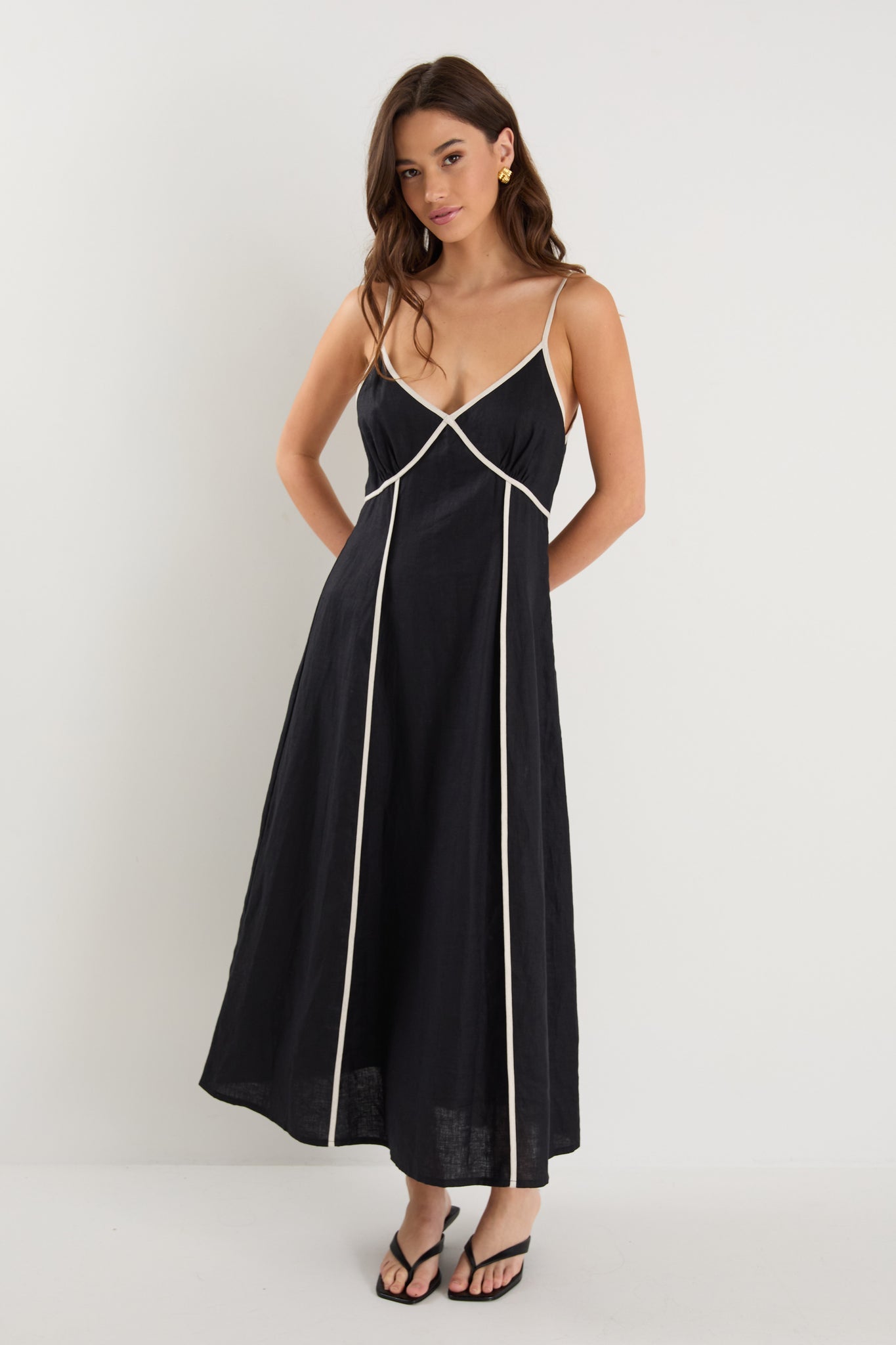 Marine Black Contrast Piped Linen Strappy Maxi Dress