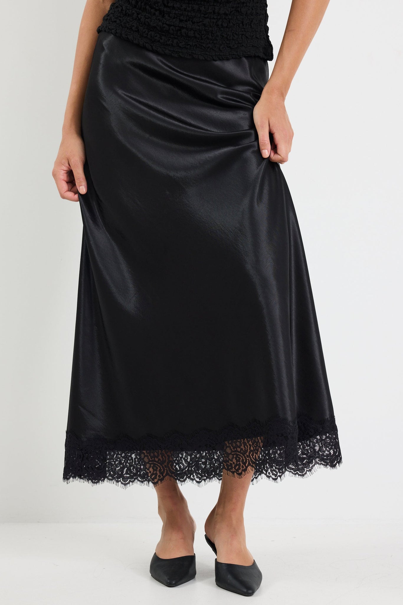 Margarita Black Satin Lace Trim Bias Maxi Skirt