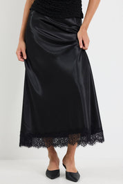 Margarita Black Satin Lace Trim Bias Maxi Skirt