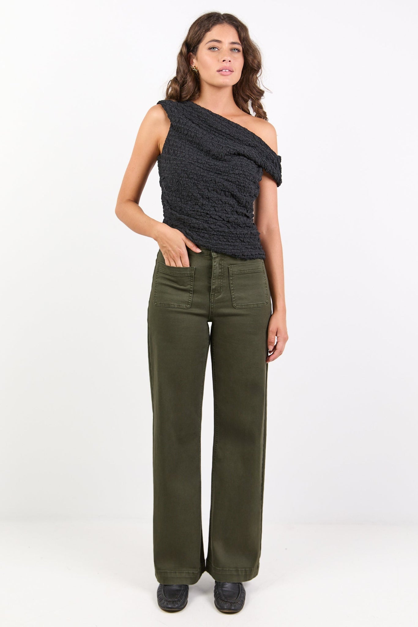 Zoey Dark Khaki High Rise Wide Leg Pocket Jean