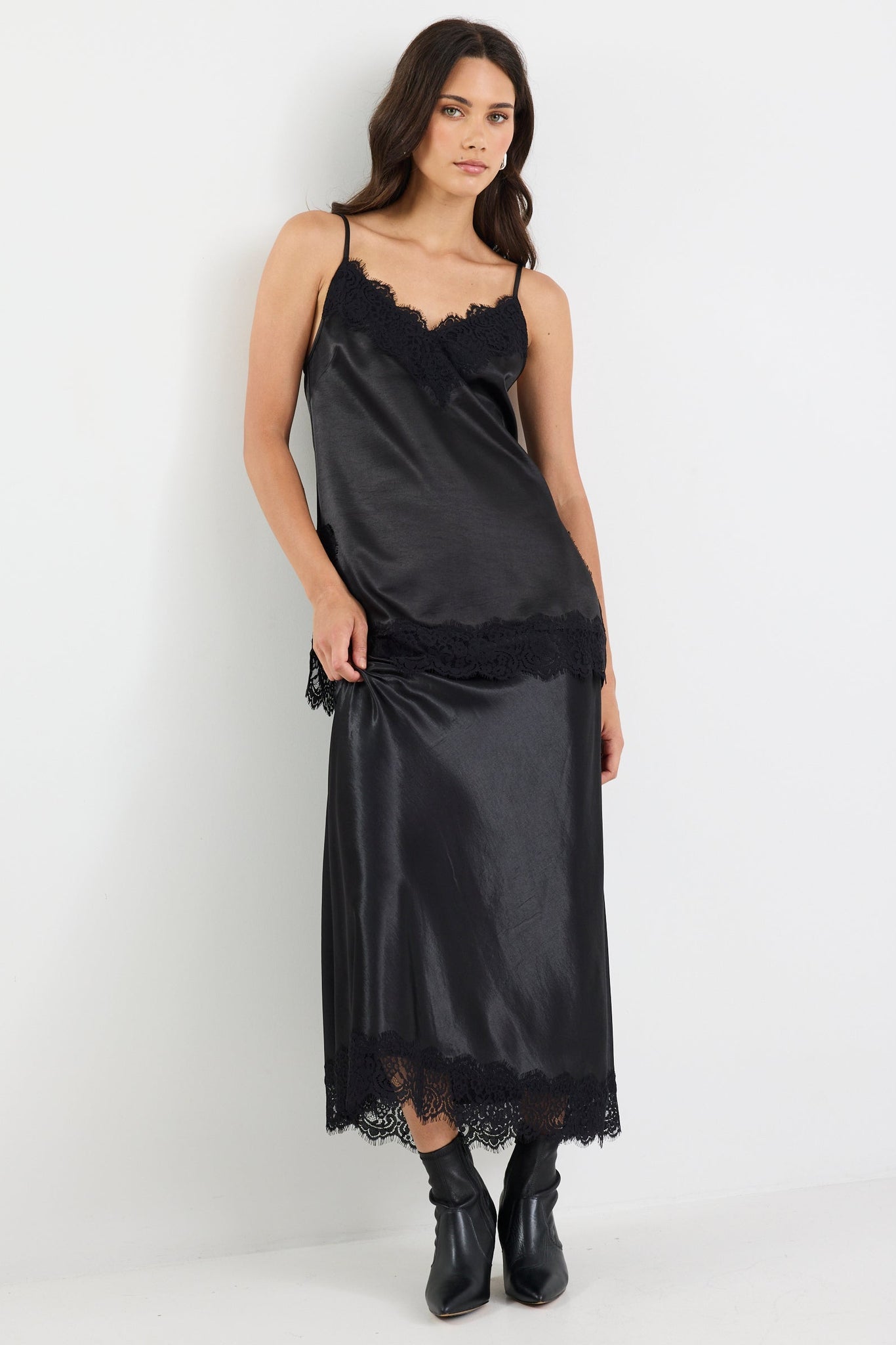 Noir Black Satin Lace Trim Cami
