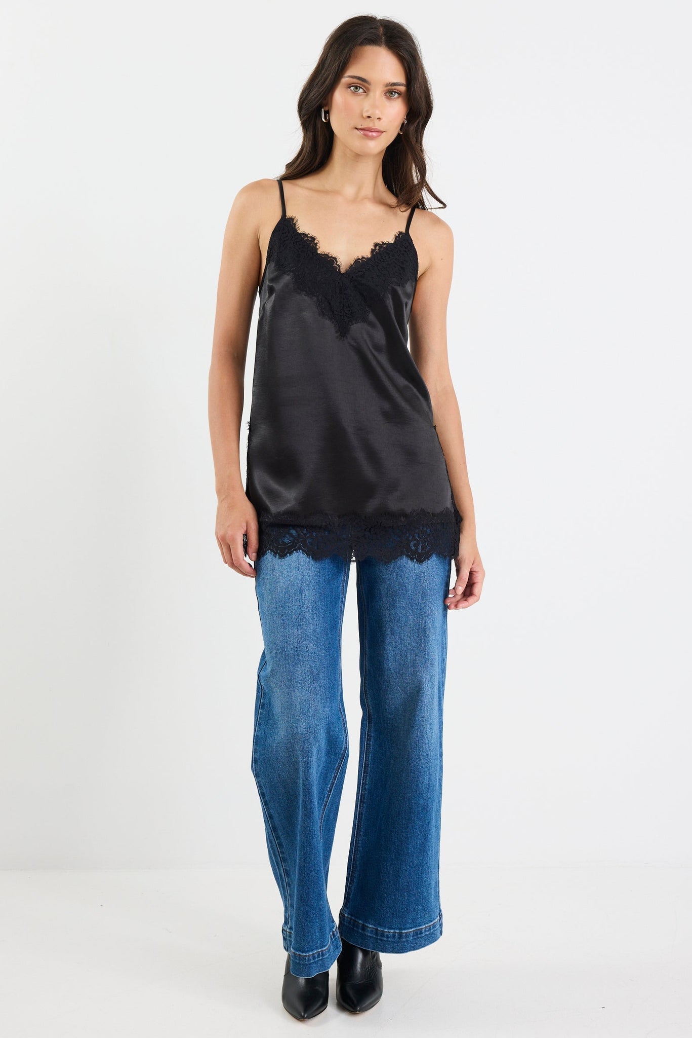 Noir Black Satin Lace Trim Cami