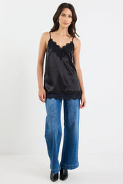 Noir Black Satin Lace Trim Cami