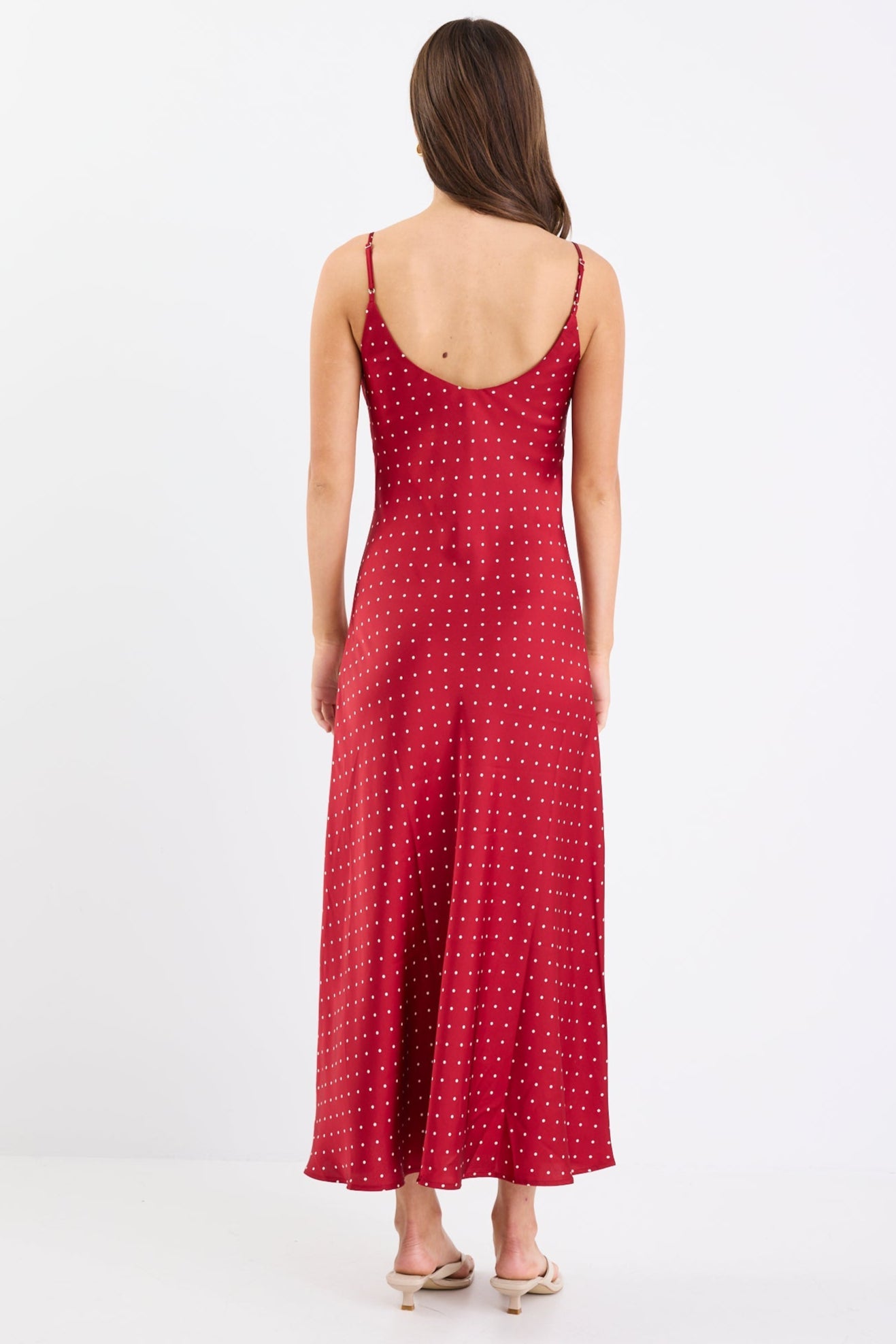 Otherworldly Red Polka Dot Satin Bias Slip Midi Dress
