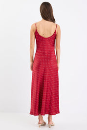 Otherworldly Red Polka Dot Satin Bias Slip Midi Dress