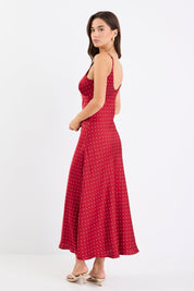 Otherworldly Red Polka Dot Satin Bias Slip Midi Dress