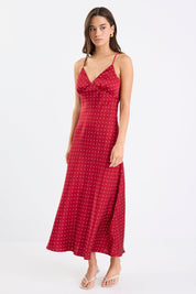 Otherworldly Red Polka Dot Satin Bias Slip Midi Dress