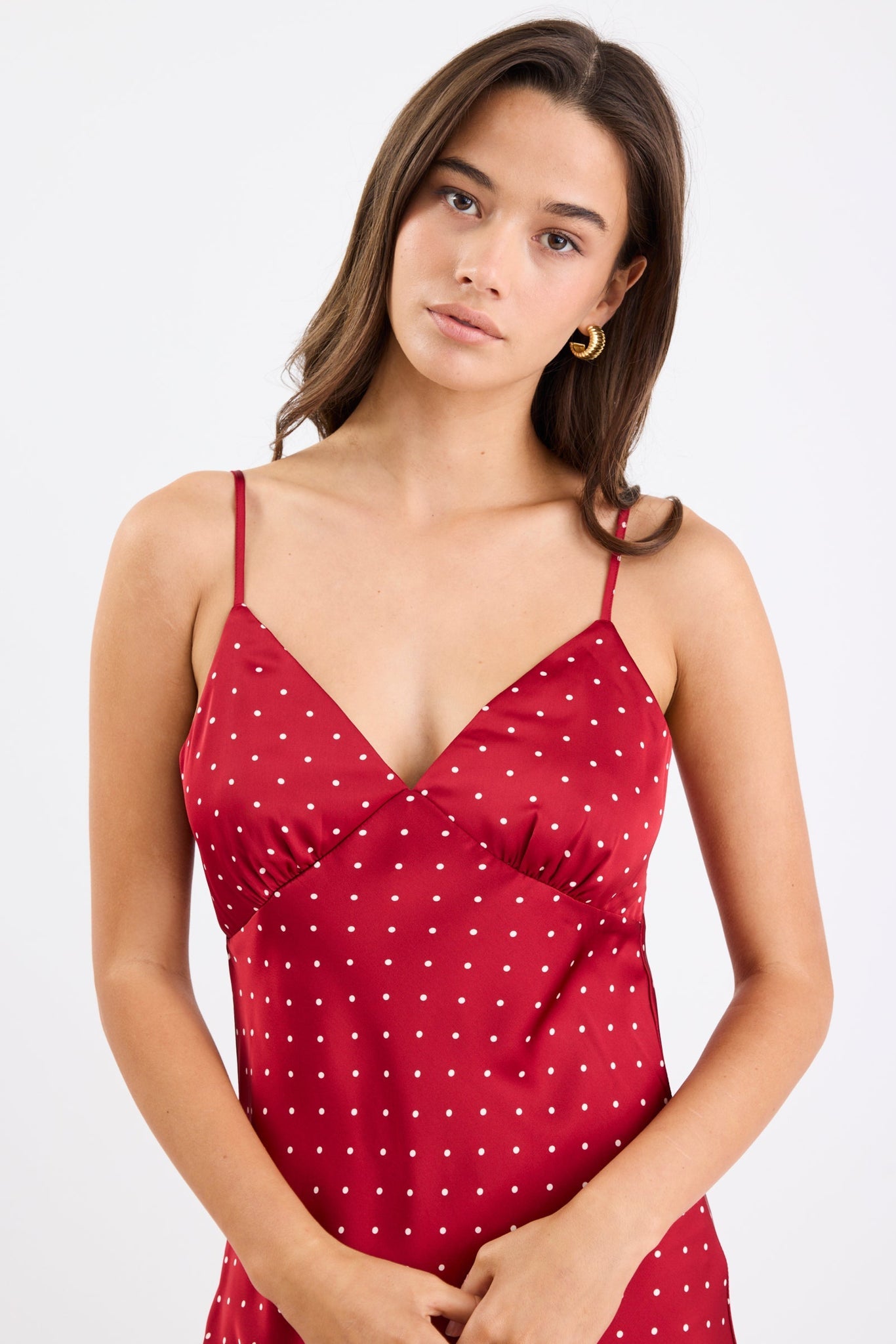 Otherworldly Red Polka Dot Satin Bias Slip Midi Dress