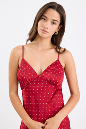 Otherworldly Red Polka Dot Satin Bias Slip Midi Dress