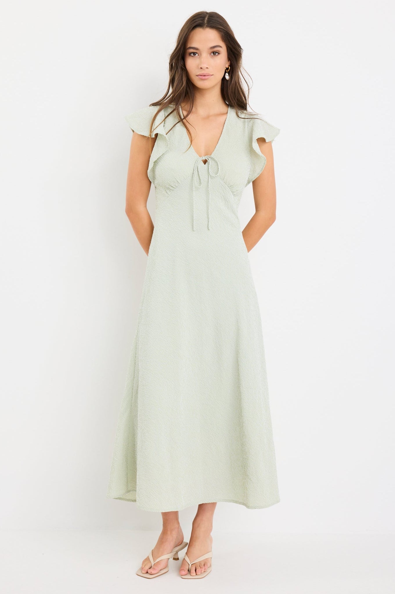 Ovation Sage Gingham Flutter SS Keyhole Tie Midi Dress