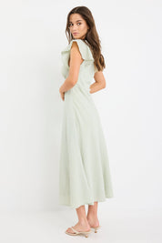 Ovation Sage Gingham Flutter SS Keyhole Tie Midi Dress