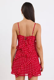 Passion Cherry Ditsy Polka Dot Bias Ruffle Mini Slip Dress