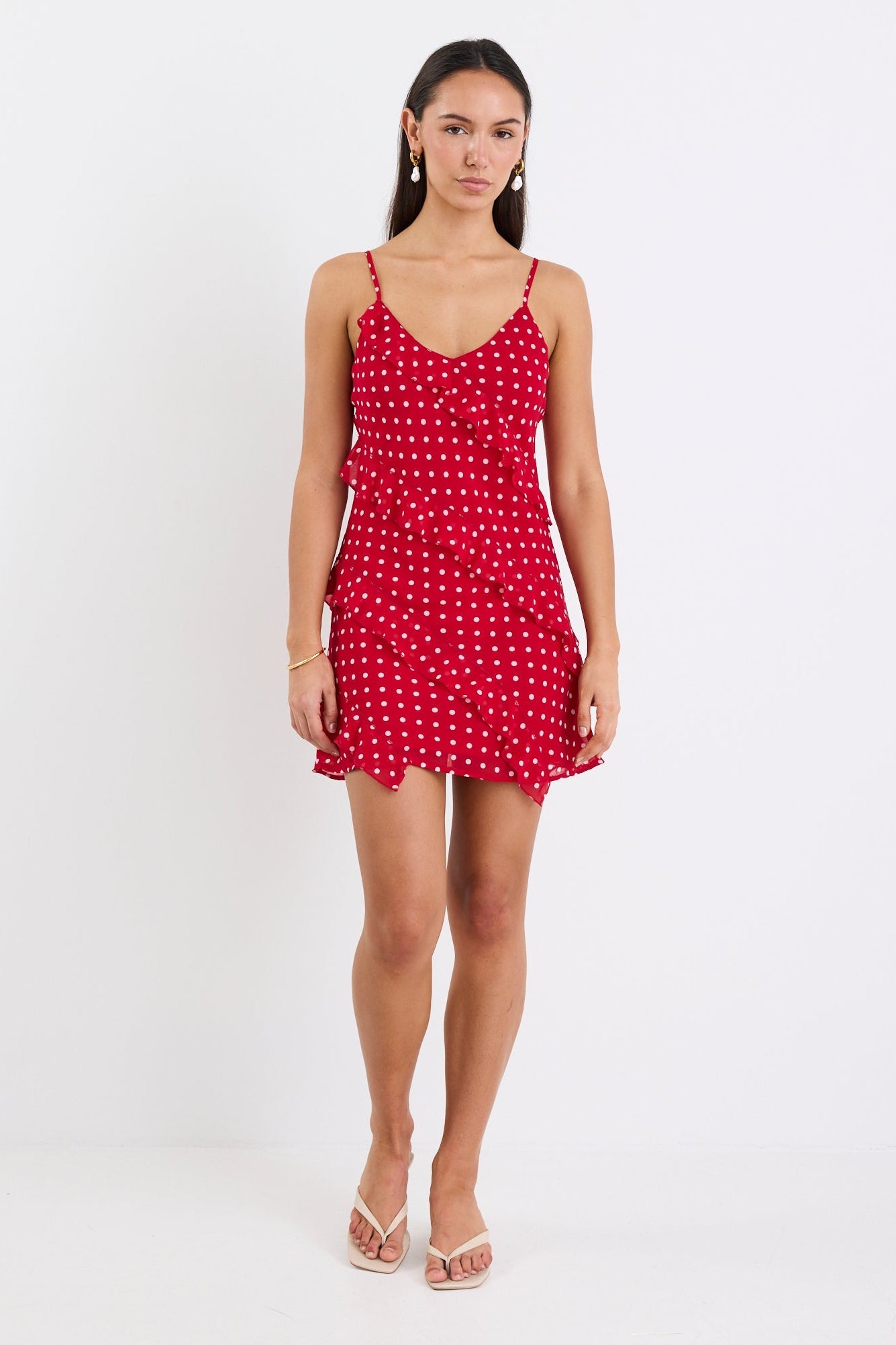 Passion Cherry Ditsy Polka Dot Bias Ruffle Mini Slip Dress
