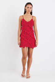 Passion Cherry Ditsy Polka Dot Bias Ruffle Mini Slip Dress