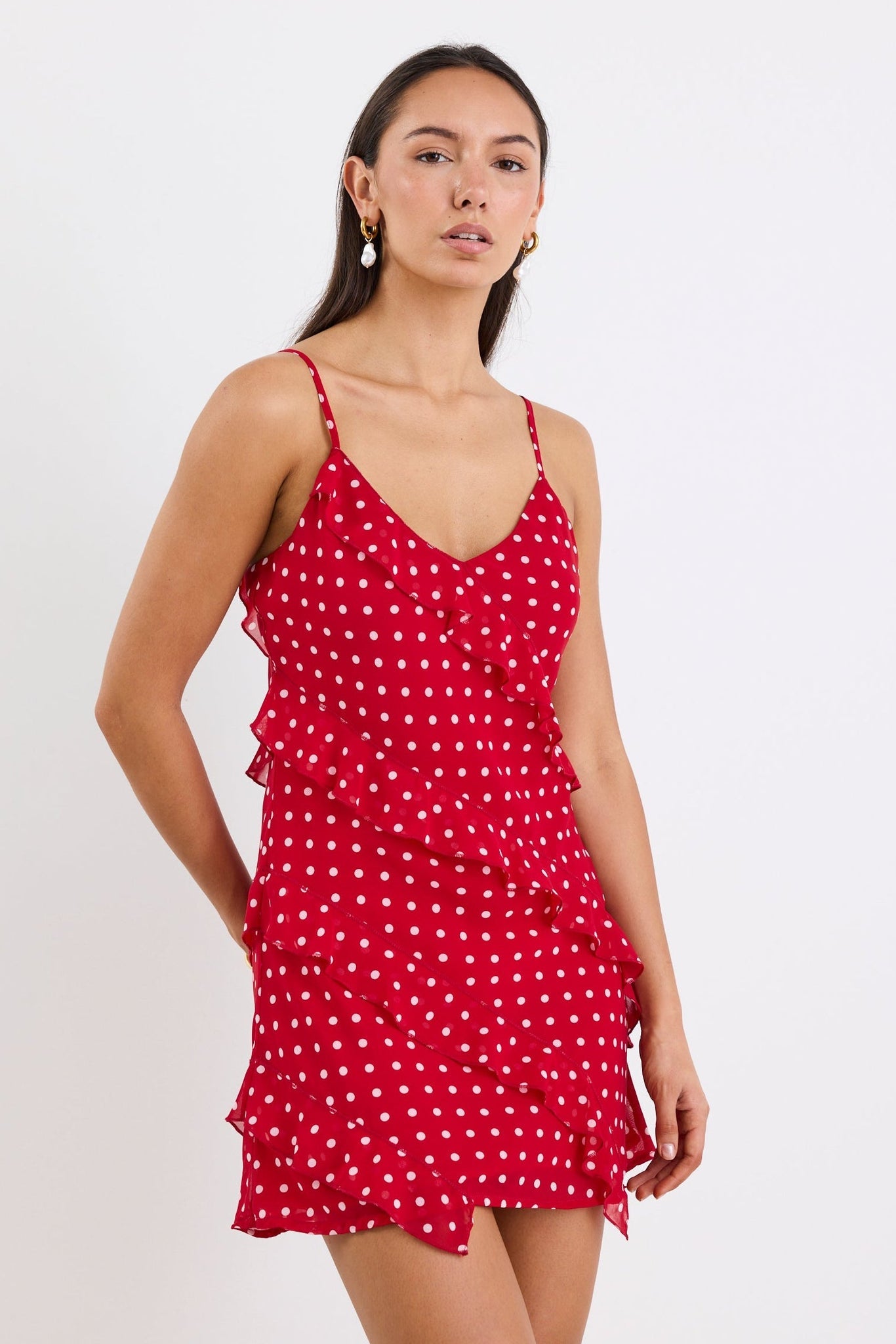Passion Cherry Ditsy Polka Dot Bias Ruffle Mini Slip Dress