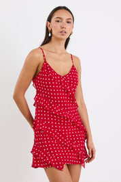 Passion Cherry Ditsy Polka Dot Bias Ruffle Mini Slip Dress