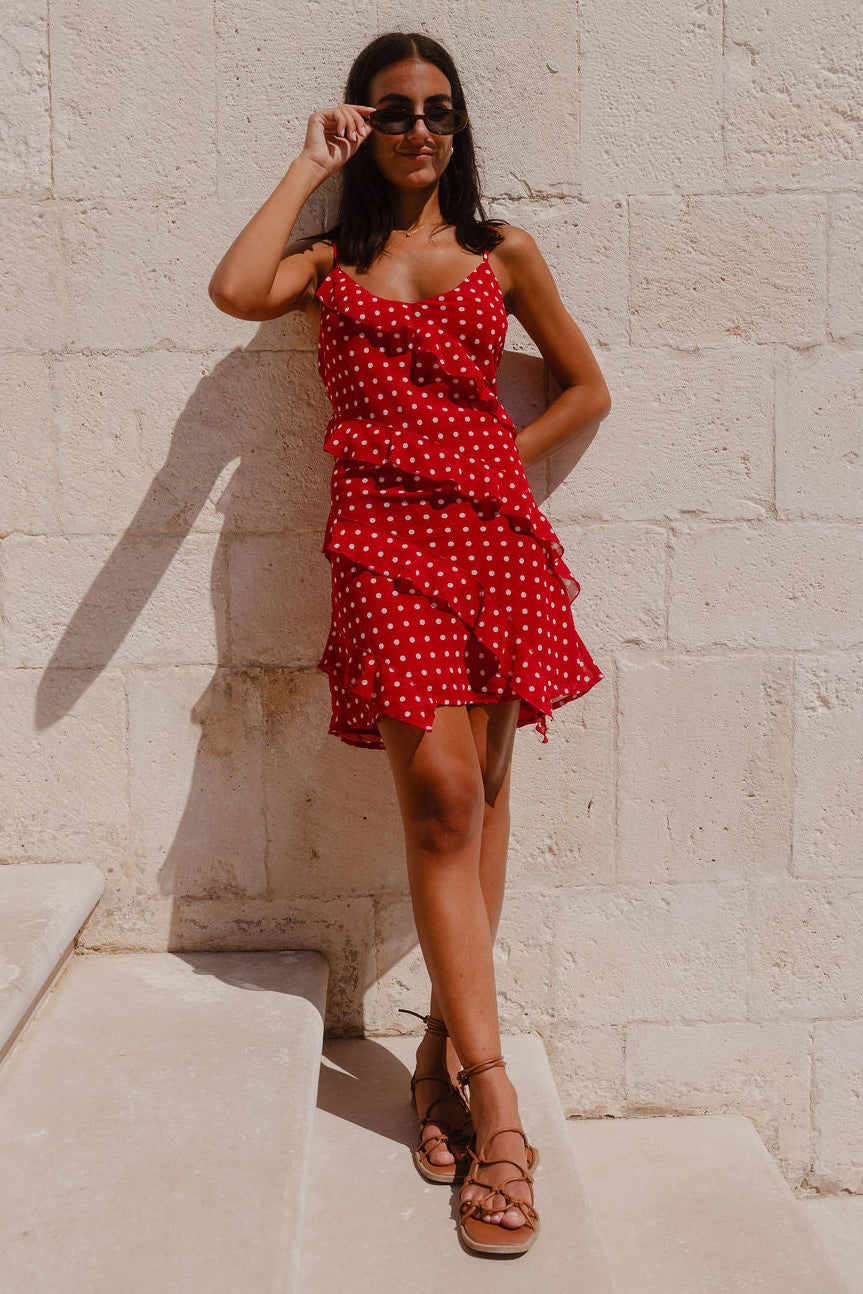 Passion Cherry Ditsy Polka Dot Bias Ruffle Mini Slip Dress