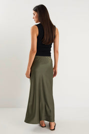 Rosette Khaki Satin Bias Midi Skirt