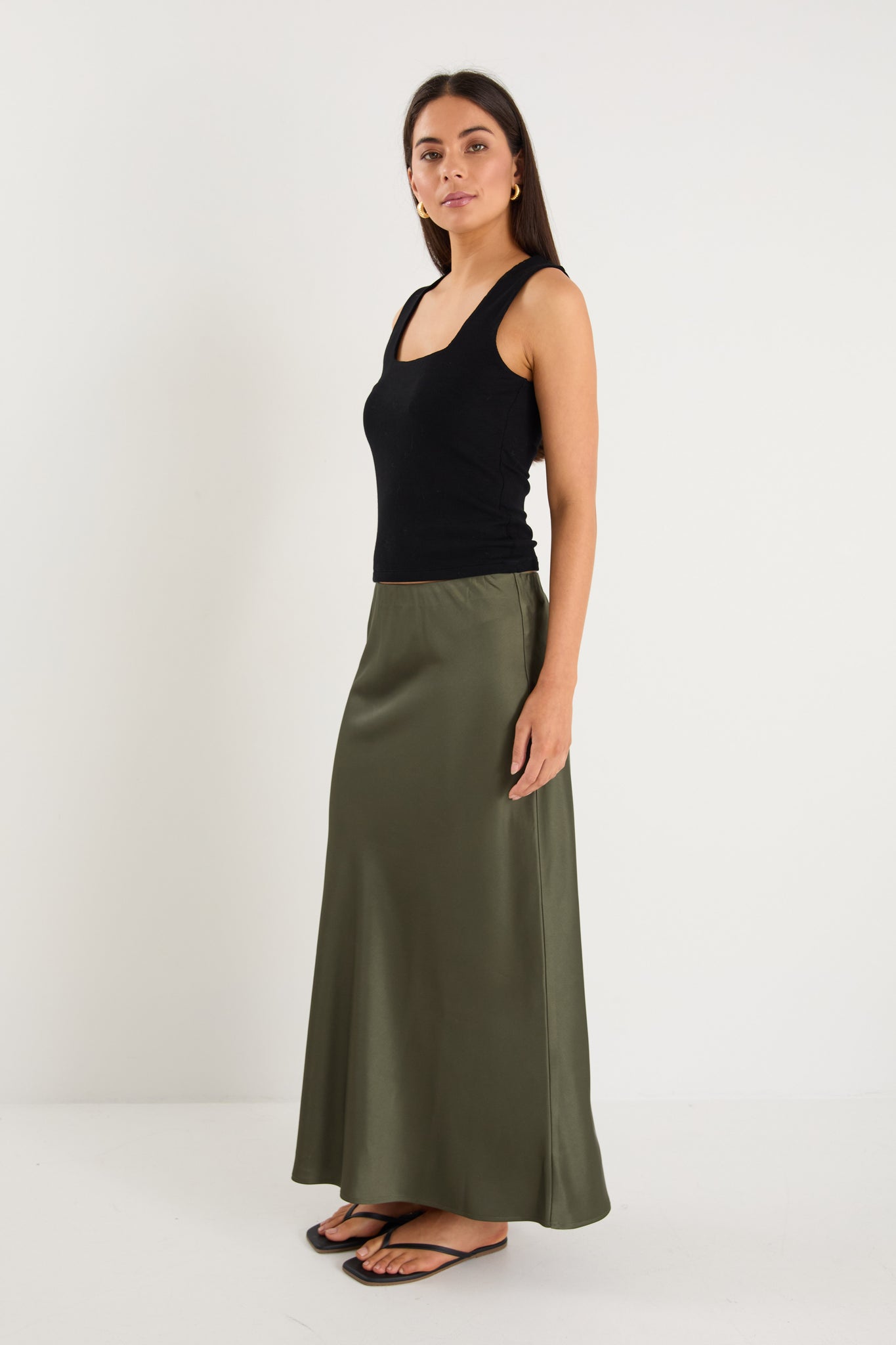 Rosette Khaki Satin Bias Midi Skirt