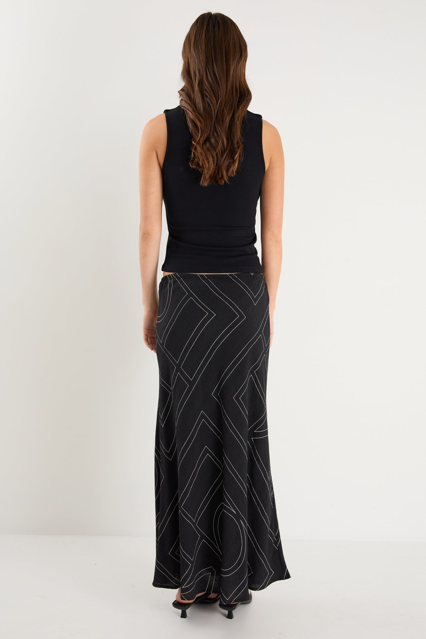 Summit Black Ivory Lines Tie Waist Bias Maxi Skirt