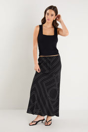Summit Black Ivory Lines Tie Waist Bias Maxi Skirt