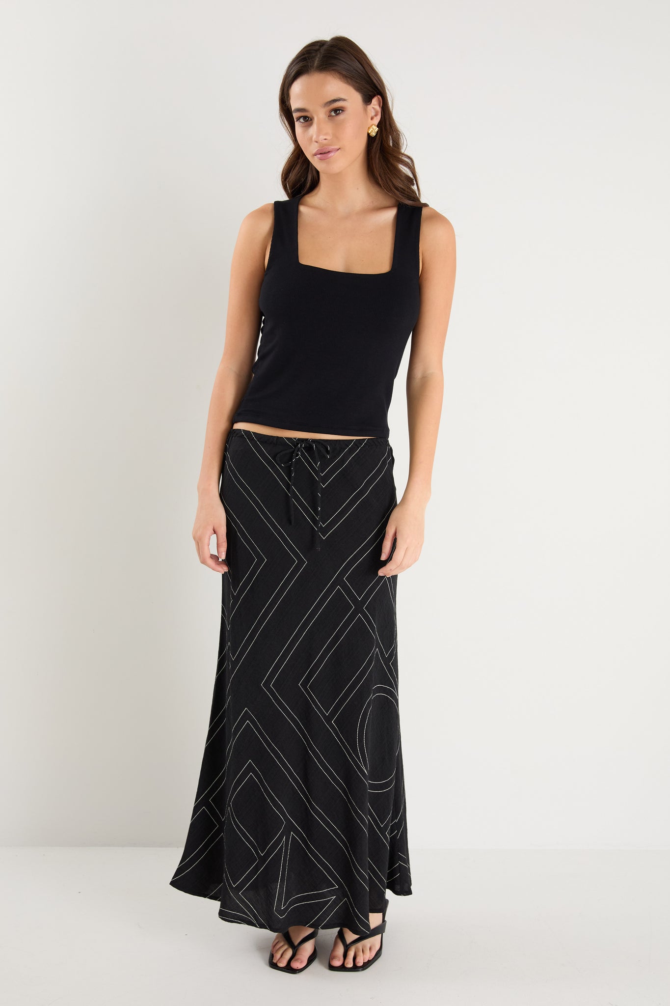 Summit Black Ivory Lines Tie Waist Bias Maxi Skirt