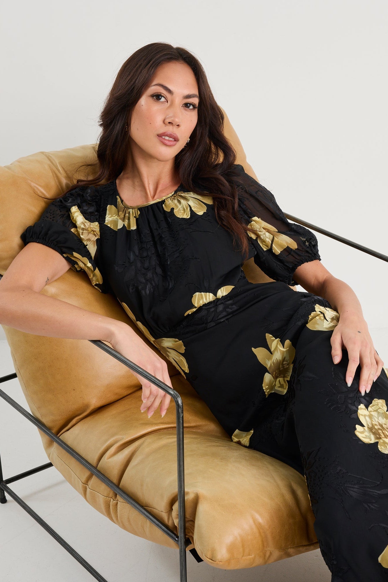 Precious Black Yellow Floral Puff Sleeve Midi Dress