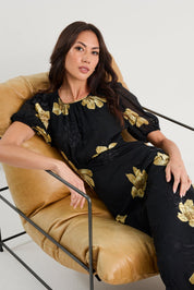 Precious Black Yellow Floral Puff Sleeve Midi Dress