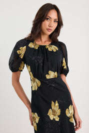 Precious Black Yellow Floral Puff Sleeve Midi Dress