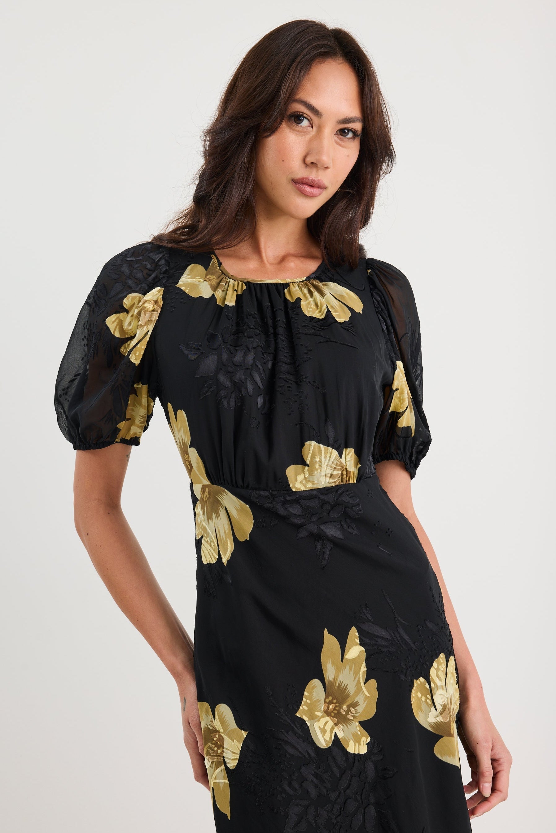 Precious Black Yellow Floral Puff Sleeve Midi Dress