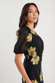 Precious Black Yellow Floral Puff Sleeve Midi Dress