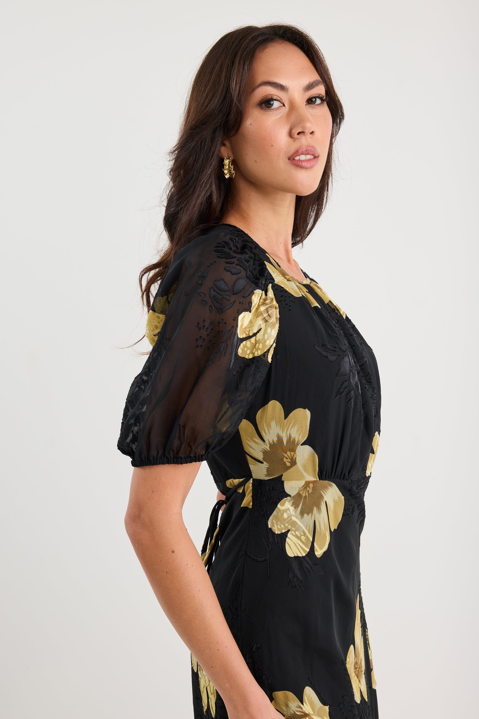 Precious Black Yellow Floral Puff Sleeve Midi Dress