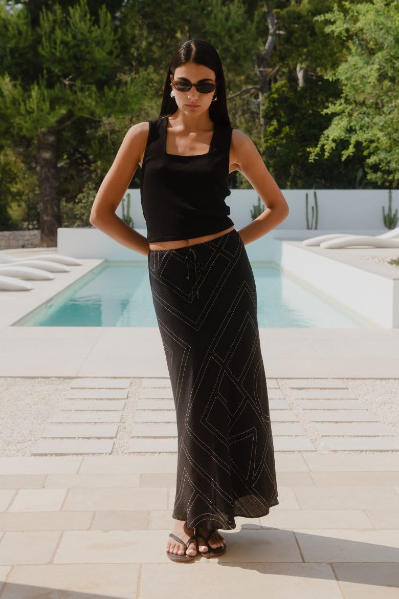 Summit Black Ivory Lines Tie Waist Bias Maxi Skirt