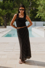 Summit Black Ivory Lines Tie Waist Bias Maxi Skirt