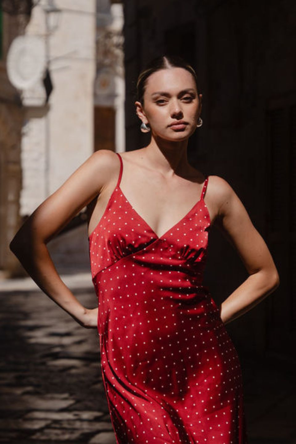 Otherworldly Red Polka Dot Satin Bias Slip Midi Dress