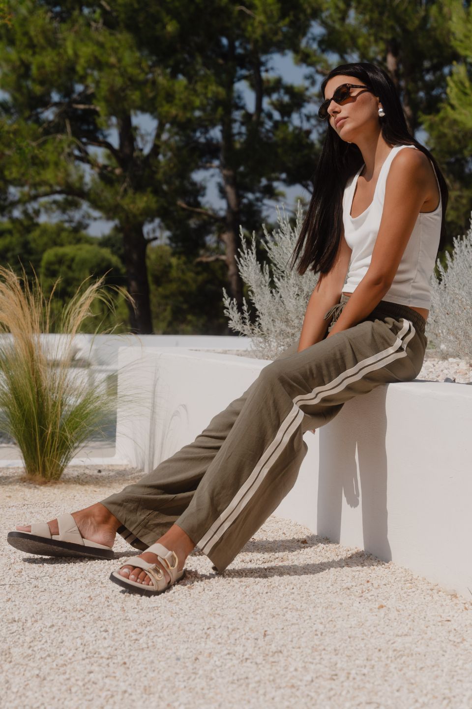 Vibe Khaki Linen Blend Jacquard Stripe Wide Leg Pants