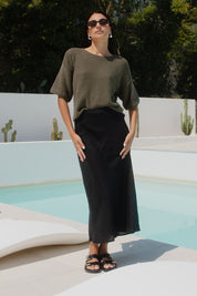 Bliss Black Linen Bias Midi Skirt