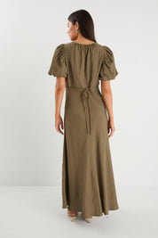 Stage Khaki Linen Blend Puff Sleeve Floaty Maxi Dress