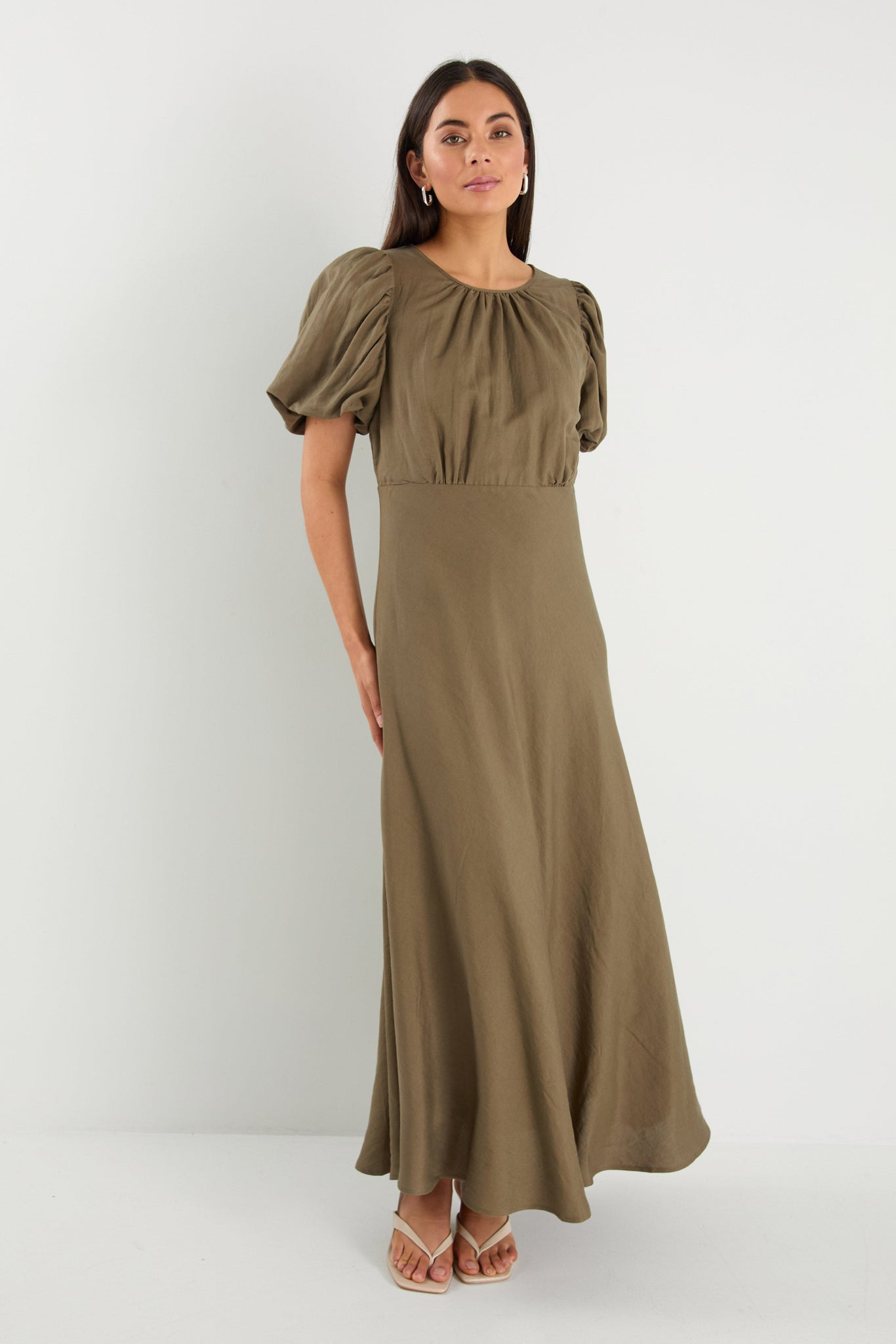 Stage Khaki Linen Blend Puff Sleeve Floaty Maxi Dress