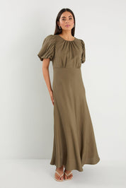Stage Khaki Linen Blend Puff Sleeve Floaty Maxi Dress