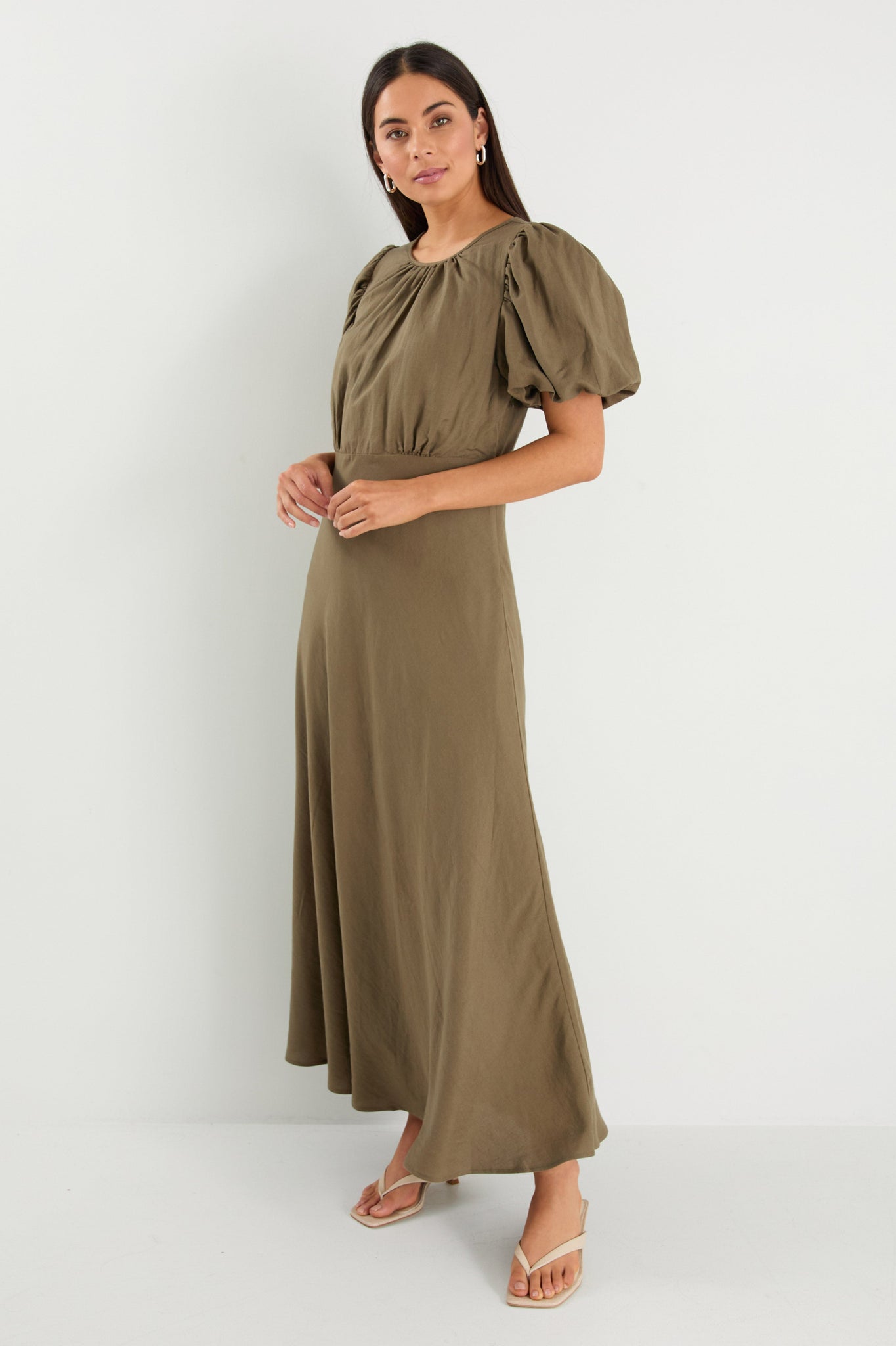 Stage Khaki Linen Blend Puff Sleeve Floaty Maxi Dress